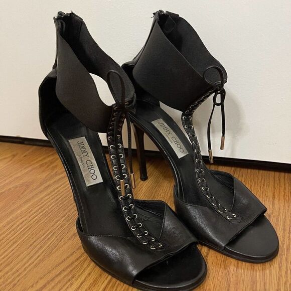 JIMMY CHOO black leather lace eyelet ankle strap stiletto heels size EU 38.5 - Picture 2 of 7